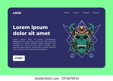 Horror, dark art, skull, monster face landing page illustration