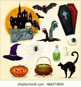 Horror decoration elements for Halloween design. Witch hat, magic cauldron, zombie hands on graveyard, haunted castle, vampire coffin, black cat and bats, creepy pumpkin lantern. Vector icons