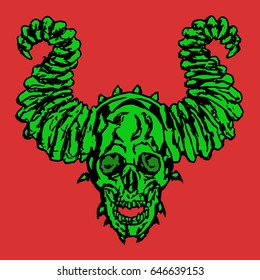 Horror demonic skull with horns. Vector illustration. Apocalypse demon from hell.