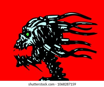 Horror demonic skull with wires. Vector illustration. Science fiction and horror.