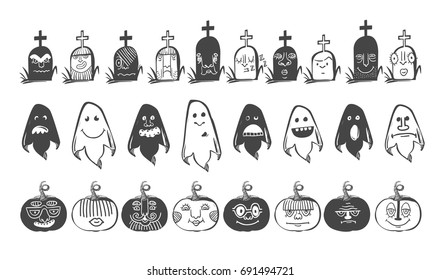 Horror doodle Avatars in Black color with different emotions. Halloween set of avatars in black and white. Sketch styled vector illustration. Grave, ghost, pumpkin cartoon characters.
