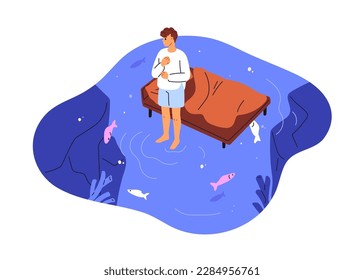 Horror dream, nightmare concept. Afraid scared dreamer standing during night sleep by bed, sea water around. Unreal surreal fear. Flat graphic vector illustration isolated on white background