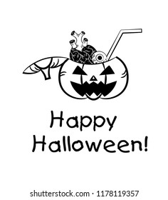 Horror drink in pumpkin for Halloween with eyes and human heart, outline illustration.