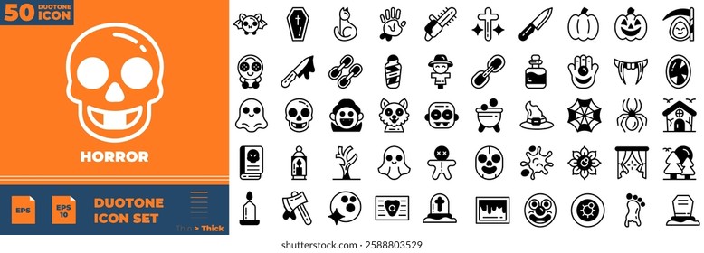 Horror Duotone Editable Icons set. Vector illustration in modern thin duotone style of horror icons: ghost, scary, spooky, etc