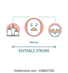 Horror emotion concept icon  Consternation idea thin line illustration  Scary movie  Skull   candles  Dangerous area  Mysterious  Terrible accident  Vector isolated outline drawing  Editable stroke