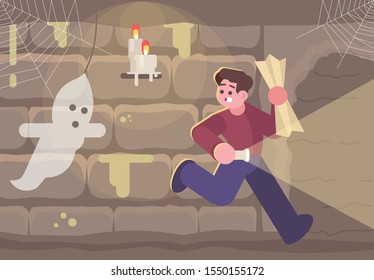 Horror Escape Room Flat Vector Illustration. Man In Basement Running From Ghost Cartoon Character. Scared Young Boy In Quest Room Looking For Exit. Thematic Logic Game. Modern Entertainment