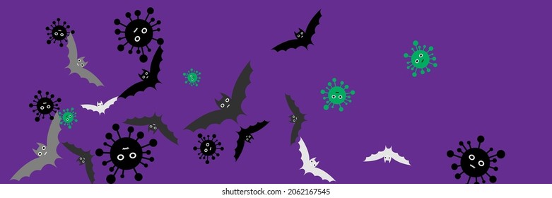Horror Fear Covid White Scary Illustration. Virus Black Corona Vaccination Funny Backdrop. Gothic Grey Vampire Spooky Mysterious Bats. Dracula Party Faces Purple Creepy Cartoon Halloween Illustration.
