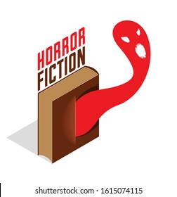 Horror fiction book and creepy creature monster getting out the pages vector illustration 3d isometric  literature concept  thrilling reading concept 