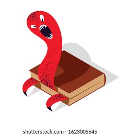 Horror fiction book with creepy creature monster getting out of pages vector illustration 3d isometric, literature concept, thrilling reading concept.