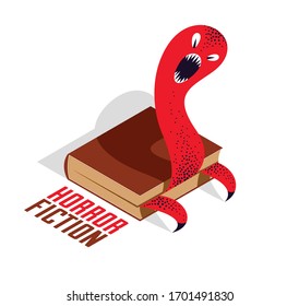 Horror fiction book with creepy creature monster getting out of pages vector illustration 3d isometric, literature concept, thrilling reading concept.