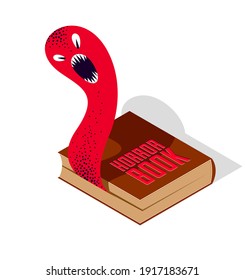 Horror fiction book with creepy creature monster getting out of pages vector illustration 3d isometric, literature concept, thrilling reading concept.