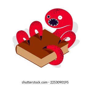 Horror fiction book and creepy creature monster getting out pages vector illustration 3d isometric  literature concept  thrilling reading concept 