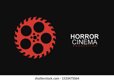 Horror film cinema logo vector logo template. Stylized movies reel and circular saw on black background. Entertainment logotype concept