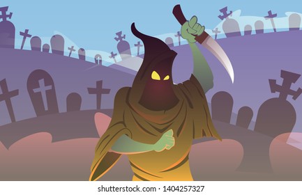 Horror Film Scene, Scary Executioner with Glowing Yellow Eyes Wearing Hoodie with Tippet Threaten Somebody with Sharp Knife on Fearful Cemetery Background, Thriller. Cartoon Flat Vector Illustration