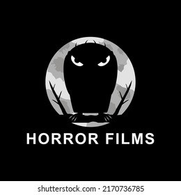 Horror films logo with monster illustration. Vector drawing on black background.