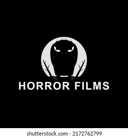 Horror films logo with monster illustration. Vector drawing on black background.