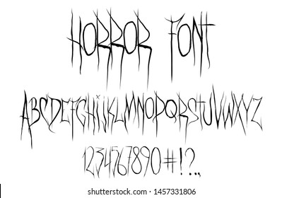 Horror Font, Alphabet, numbers and punctuation marks. Horror font for t-shirt and merch. Trendy alphabet. Silk screen printing for typography, clothing, fabric. Modern stylish font. Vector set