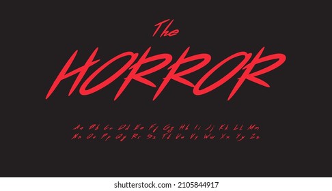 Horror font brush hand paint letters. Scribble script alphabet, grunge graffiti typography. Calligraphic typographic design for Halloween headline, horror cover title, aggressive handwritten type