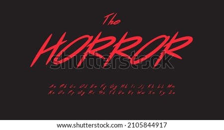 Horror font brush hand paint letters. Scribble script alphabet, grunge graffiti typography. Calligraphic typographic design for Halloween headline, horror cover title, aggressive handwritten type