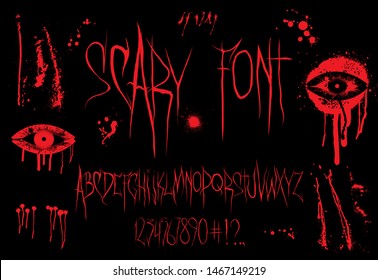 Horror Font vector Alphabet. Latin Alphabet, numbers and punctuation marks. Scary font for t-shirt and merch. English trendy alphabet. Silk screen printing for typography, clothing, fabric. Vector 