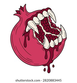 Horror fruit, pomegranate monster, fangs, sharp teeth, dripping red juice, scary food.