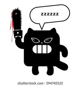 Horror. Funny crazy black cat with bloody chainsaw isolated on white. Black and white simple graphic design for sticker, card, t-shirt prints. Vector illustration