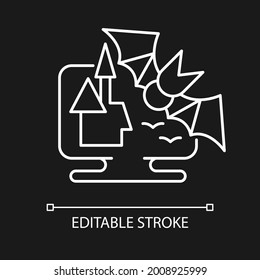 Horror games white linear icon for dark theme. Popular genre centered on horror fiction created. Thin line customizable illustration. Isolated vector contour symbol for night mode. Editable stroke