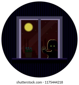 Horror. The girl outside the window. A glance from the room. Night, fear, halloween. Vector illustration