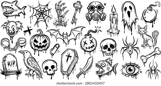 Horror Graffiti Doodle Elements Set with Skull Ghost Pumpkin Bat and Halloween Symbols	