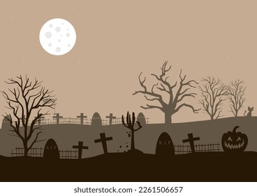 horror graveyard at night with a full moon, vector illustration.