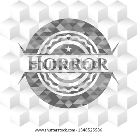 Horror grey emblem. Retro with geometric cube white background