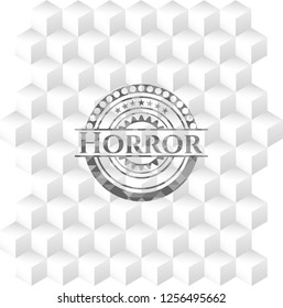 Horror grey emblem. Vintage with geometric cube white background