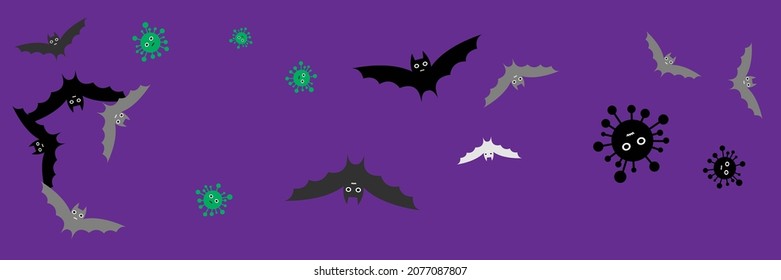 Horror Grey Party Corona Covid Backdrop. Dracula White Faces Mysterious Cartoon Bats. Gothic Vaccination Spooky Scary Funny Vampire Halloween Design. Virus Fear Purple Black Creepy Illustration.