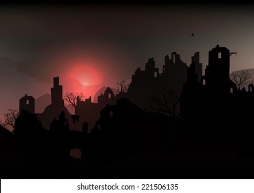 Horror Halloween Background Landscape with Ruins of a Castle and Dead Trees - Vector Illustration