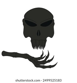 Concepto de Halloween de terror con simple calavera negra y mano de monstruo.  Cráneo aterrador aislado de fondo blanco. Diseño de póster de postal de impresión de camiseta de Ilustración vectorial de estilo minimalista. Tema de Helloween.