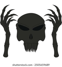 Concepto de Halloween de terror con simple calavera negra y mano de monstruo.  Cráneo aterrador aislado de fondo blanco. La Ilustración vectorial de estilo minimalista puede usar el diseño de póster de postal con estampado de camiseta. Helloween