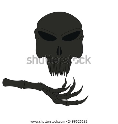 Horror Halloween concept with simple black skull and monster hand.  Scary skull isolated white background. Minimalism style vector illustration  t-shirt print postcard poster design. Helloween theme.
