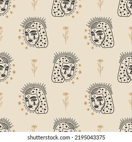 Horror Halloween girl face head seamless pattern, unique witchy mystical gloom gothic ornament.