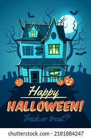 Horror Halloween House. Gothic Abandoned Home, Ghostly Haunted Mansion, Party Invitation And Greeting, Trick Or Treating Pumpkins, Card Or Poster, Tidy Vector Cartoon Flat Concept