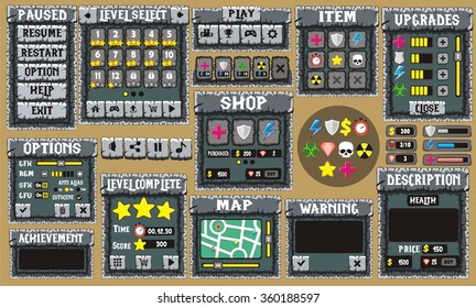 horror and halloween Platform Game User Interface For Tablet/ Illustration 
of a platform game user interface, in cartoon style with 
basic buttons and icons for tablet pc
