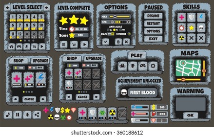 horror and halloween Platform Game User Interface For Tablet/ Illustration 
of a platform game user interface, in cartoon style with 
basic buttons and icons for tablet pc
