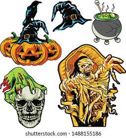 horror halloween pumkins mummy zombie hand skull  set vector isolated
