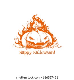 Horror Halloween pumpkin. Scary demon. Nice element. Pumpkin with face. Celebrate card. Holiday style. Halloween party.