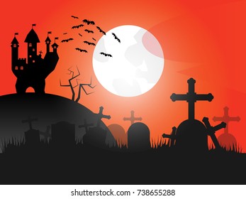 Horror Halloween theme - a spooky castle, old cemetery with a moon and a red sky.