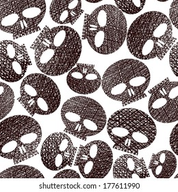 Horror and hard rock theme repeating background, Skulls seamless pattern, vector, hand drawn lines textures used.