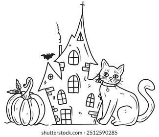 Horror haunted house castle with a cat sitting in collar with token and pumpkin as a symbol of happy halloween celebration. Hand drawn sketch illustration in doodle engraved vintage line art style