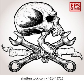 horror head skull and Crossed wrenches and old ribbon graphic vector on a white background