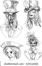 Horror heads collection. /// Hand drawings converted into Low-Res vector. Each head is separated in a separate layer.