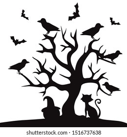 Horror helloween tree, cat art, vector illustration