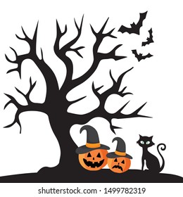 Horror helloween tree, pumpkin, bat, cat, art, vector illustration